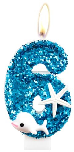 Delfin-Geburtstagskerzen, Glitzer, 6 Geburtstag, Zahlenkerze für Mädchen, blaue Zahl 6 Kerzen, Delfin-Kuchenkerzen, Kuchendekoration für Jungen und Mädchen, Delfin-Thema, Geburtstagsdekorationen,