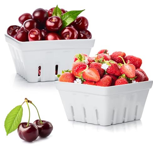 TOLIDA 2 Stück Quadratisches Beerenkorb aus Keramik, Obstschale mit Löchern, Beerensieb für Obst und Gemüse Groß