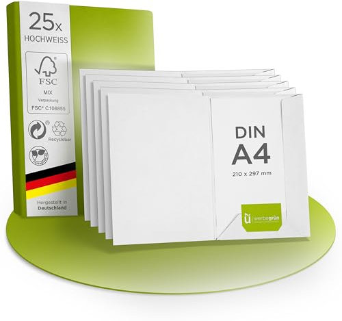 Werbegrün Präsentationsmappe A4 – (25 Stück) Weiß [Hochweiß] | FSC® MIX 70% | Dokumentenmappe aus 320g/m² Pappe | Mit Visitenkartenschlitz | Made in Germany | Direkt vom Hersteller
