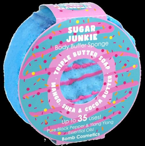 Bomb Cosmetics Body Buffer Soap Infused Sponge 2 in 1 Cleanse Peeling Moisturizing Triple Butter Soap Sponge with Soap Inside Sugar Junkie