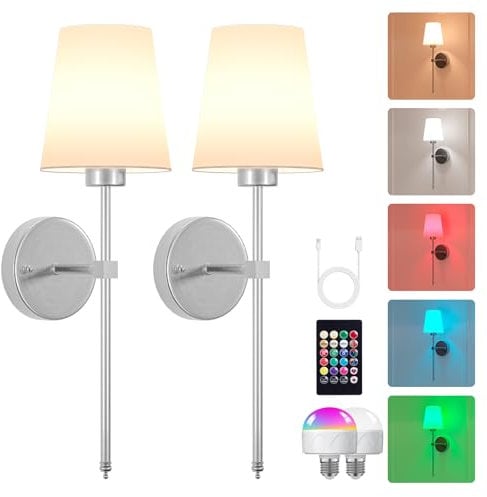 Sobrovo Akku Wandleuchte Innen, RGB Dimmbare Led Wandleuchte Kabellos, Wandleuchte Batterie USB Wiederaufladbar, Wandlampe mit Fernbedienung für, Schlafzimmer, Flur und Treppenhaus,GebüRstetes Nickel