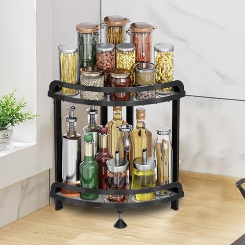 Gemsaya Portaspezie da cucina a 2 livelli, mensola angolare per spezie in acciaio inossidabile, 33 x 23 x 35 cm, organizer da scrivania da appoggio, mensole angolari nere per cucina, bagno, sala da