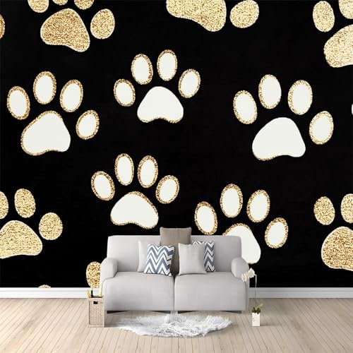 White Gold Dog Footprints Photo Wallpaper Black Non-Woven Art Print Wall Mural Decoration Poster Picture Design Modern Living Room Kitchen Bedroom Wall Mural 200x140 cm