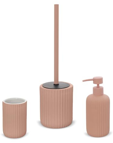 Inbagno Set Accessori Bagno 3 Pezzi in Ceramica Rosa cannettato, Dispenser Sapone portaspazzolini e portascopino Soft Touch, Spring