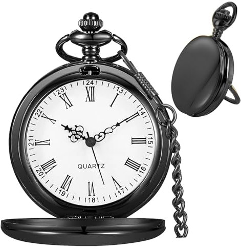 Tiong Black Smooth Steel Bracket Design Men's Pocket Watch Roman Numerals Quartz Pocket Watches with Chain for Men Women