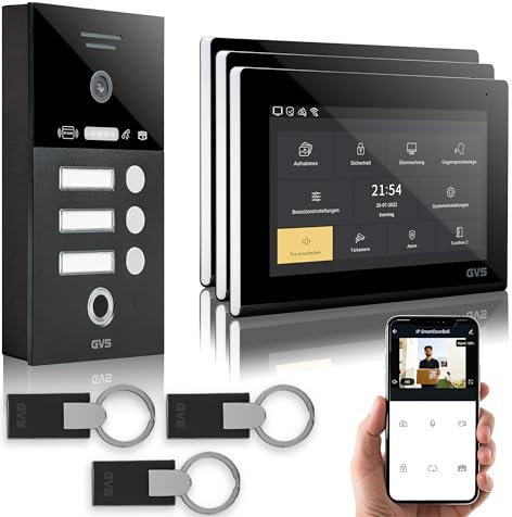 GVS - IP Video Türsprechanlage 3 Familienhaus mit Türöffner (RFID & Fingerprint), HD Kamera, 3X 7 Zoll Monitor & App - Smarte Video Türklingel mit Kamera & Gegensprechanlage (AVS5291A)