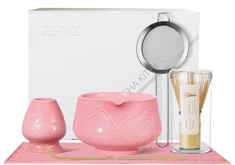 ZENS Matcha Set Pink, Japanese Matcha Tea Ceremony Kit, 6pcs Matcha Tea Set with Bamboo Whisk and Ceramic Bowl & (Chasen Holder) Scoop, and Sifter Soft Towel, Gift for Matcha Latte Lover