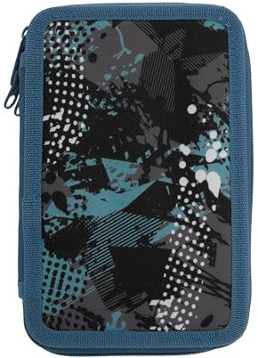 Idena 20182 - Federmappe Triple mit 3 Reißverschlussfächern, Design Abstrakt, gefülltes Federmäppchen mit 47 Teilen, Blau