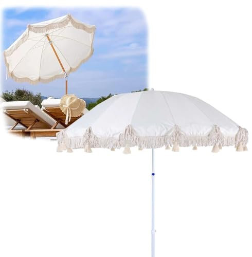 ZYXQQJ Sombrilla De Playa Bohemia con Flecos Blancos Sombrilla De Jardín Blanca Sombrilla Inclinable con Bolsa De Transporte