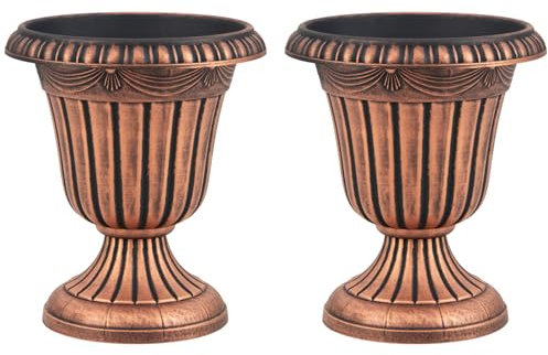 COSTWAY 2 er Pflanzkübel, 46,5 cm hoch, Pflanzgefäße mit Sockelbasis & Abflussloch, dekorative Blumentöpfe, PP Kunststoff, wetterfest, Übertopf für Garten Terrasse Hinterhof Balkon (Bronze)