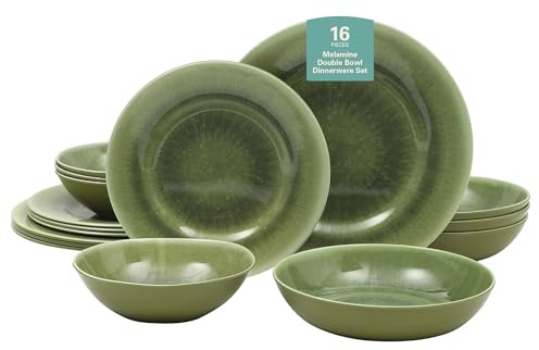 Gibson Home Casper Court 16-teiliges Melamin Geschirrset – grün reaktive Glasur Blick Teller und Schalen, Geschirr für 4 – Top Regal Geschirrspüler Alltagsservice