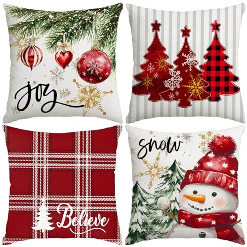 Miaikoe Weihnachtskissen Abdeckungen 45x45cm, Dekorative Bauernhaus Weihnachtsbaum Buffalo Plaid Glauben Schneemann Kissen Shams Fälle Slipcovers Set von 4 für Couch Sofa Rot