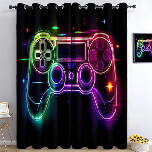 Srigzcaly Blackout Curtains For Kids Teens Boys Bedroom, Gaming Theme Neon Controller Soundproof Window Drapes For Living Room Kitchen Playroom Eyelet Curtain, Black, Set Of 2 Panels W75 x L166 cm