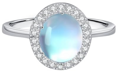 Skcess 14K Weißgold Damenringe Blau Mondstein 7X8mm, Rund mit Blauem, Ovalem Mondstein Verlobungsringe Größe 54 (17.2)