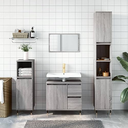 Ziaphsol Ensemble de 3 meubles de salle de bain gris Sonoma en bois de sonoma avec meuble sous lavabo, fer robuste, pour un rangement élégant de la salle de bain