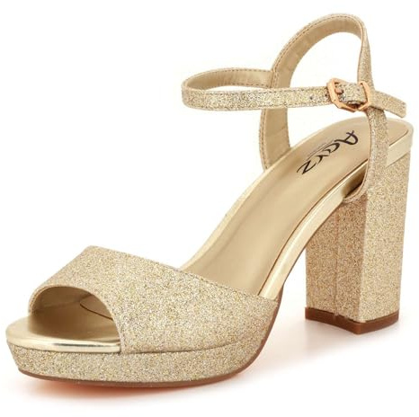AARZ LONDON Womens Glitter Platform High Block Heel Sandals Ankle Strap Open Toe Sparkly Evening Wedding Party Prom Ladies Gold Shoes Size 6 UK 39 EU