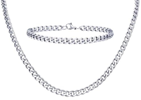 Sanixa Karma NH11596758 Schmuckset Herren Edelstahl Silber 2er Set Armband & Halskette Geschenkset Edelstahlkette Edelstahlarmband wasserfest hypoallergen rostfreie Panzerkette Panzerarmband