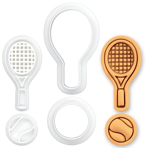BAKERLOGY Tennis Racket & Ball Mini Cookie Cutter & Stamp Set – Tennis Fondant Embosser for Sports Baking, Birthday Party, Coach Player Gift Cake Decorating Tool