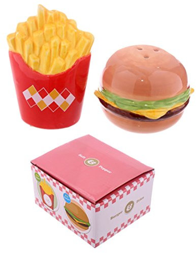 Diseño de comida rápida hamburguesa y patatas fritas de salero y pimentero Fun, Funky y práctico, debemos ser