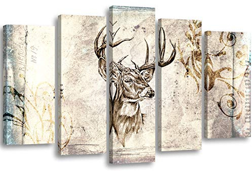 Feeby Bilder Hirsch Vintage XXL 200x100 cm 5Teilig Wohnzimmer Schlafzimmer Modern Wandbilder Leinwandbilder Bild auf Leinwand Kunstdruck Wanddeko Design Retro Shabby Chic Tiere Natur Beige Braun