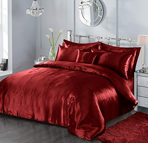 5 Piece Satin Sheets Super Soft Shiny Bedding Sets, 1 x Duvet Cover, 1 x Fitted Bed Sheet, 4 x Pillow Cases, 1 x Cushion Cover, Full Complete Bed Set (Red, Single)