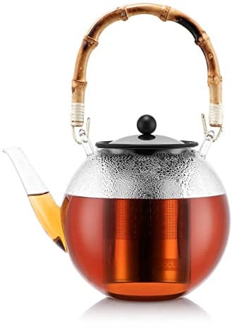 Bodum 11797-139 Théière à Piston, Filtre Inox, Anse Bambou Naturel, Transparent, 1,5 L, Verre, Bambou, Inox, 16,4 cm