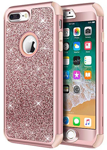 Hython Designed for iPhone 8 Plus, iPhone 7 Plus Case, Heavy Duty Defender Protective Bling Glitter Sparkle Hard Shell Hybrid Shockproof Rubber Bumper Cover for 7 Plus and 8 Plus, Rose Gold
