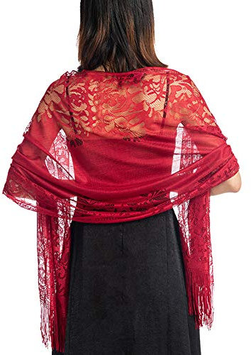 Ladiery Damen Blumen Umschlagtuch Umhang Schal Spitzenschal Schal mit Quasten, weiches Netz Fransen Wraps für Hochzeit, Party