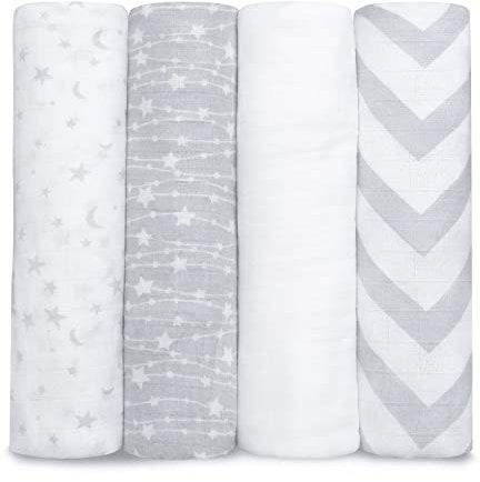 Comfy Cubs Muslin Swaddle Blankets Pack of 4-119 x 119 cm, Soft Cotton Baby Blanket Set, Large Swaddling Wraps for Newborns - Self-Soothing Baby Swaddle - Grey