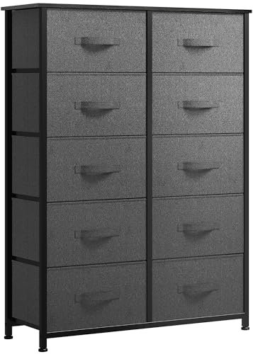 YITAHOME Kommode mit 10 Schubladen, Schrank mit Schubladen aus Stoff, Aufbewahrungskommode Industrial Stil für Schlafzimmer, Wohnzimmer, Kinderzimmer, Aufbewahrungsschrank (Dunkelgrau)