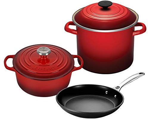 Le Creuset 5-Piece Cookware Bundle: 4-1/2 QT Round Dutch Oven, 8 QT Covered Stockpot, 10 Toughened Nonstick Pro Fry Pan - Cerise