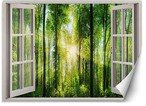 Feeby Papier Peint Intisse Nature Forêt Vue Par La Fenêtre 140x100 cm vert XXL Photo Mural Muraux Tapisserie Les Rayons Du Soleil Nature