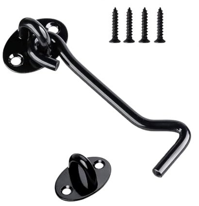 1PCS Stainless Steel Cabin Hook and Hook and Eye Latch, 4 Inch shed Door Latch Heavy Duty, gate Latch for Wooden Gates,Window Brace Gate Door Catch Silent Holder (Black)