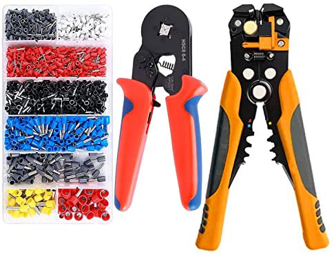 QeeHeng Juego de herramientas para engarzar férulas, ajustable Herramienta pelacables, Herramienta para engarzar férulas con 1200PCS Conectores de engarzado de terminales de cable