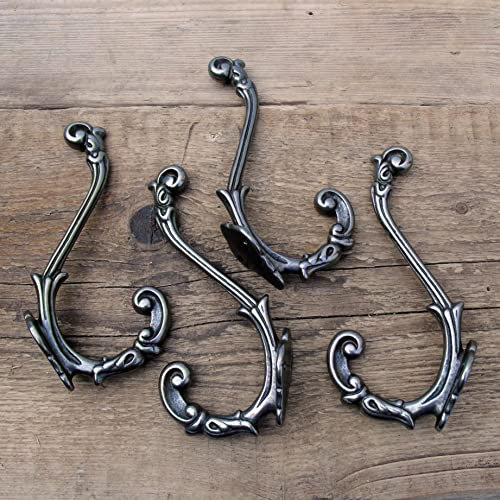 Set of 4 Ornate Vintage Style Cast Iron Double Wall Coat Rack Hooks