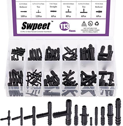 Swpeet Kit de 113 conectores de vacío de púas, incluyendo Tee, reductor y conectores rectos para reemplazar mangueras de vacío