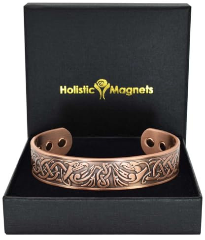 XL Mens Wide Copper Magnetic Bracelet Viking Pure Copper Wristband 6 Neodymium Magnets, Adjustable- Viking Eagle -VE (XL: Wrist 22–24cm/8.6–9.5”)