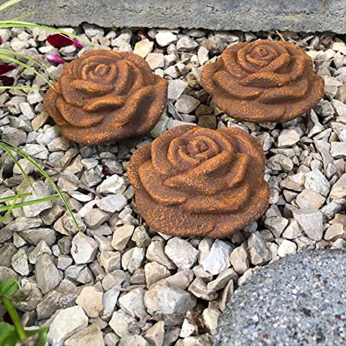 Radami 3X Rosenblüte Stein Rose Steinrose Rosen Blüte Blumen Steinguss frostfest Garten Rost Metall Optik 8cm