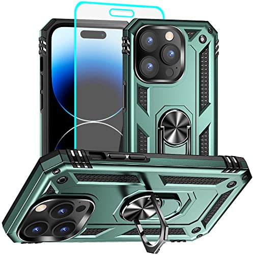 Aozuoton for iphone 14 Pro Case, iphone 14 Pro Phone Case with HD Screen Protector, [Military Grade 16ft. Drop Tested] Ring Shockproof Protective Phone Case for iphone 14 Pro,Dark Green