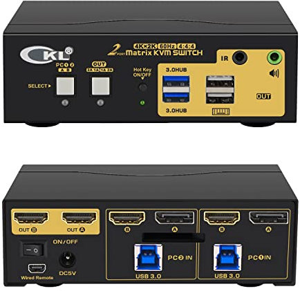 CKL 2x2 Matrix DisplayPort + HDMI KVM Switch Dual Monitor USB 3.0 4K 60Hz, PC Monitor Tastatur Maus Peripheriegeräte Sharing Box mit Kabeln für 2 Computer oder Laptops CKL-622DH-M
