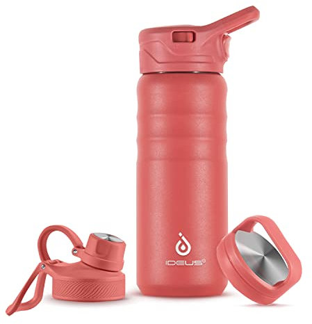 IDEUS Vakuumisolierte Wasserflasche, 18oz (530ml) Edelstahl Doppelwand Flasche Metall Sport Kantine mit auslaufsicherem Schraubverschluss (Rose Red)