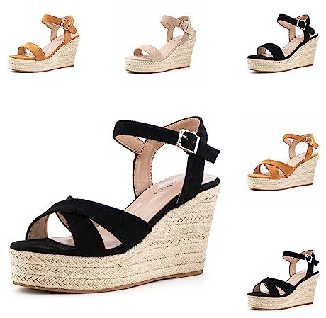 Hitmars Sandali Donna Zeppa Estivi Plateau Espadrillas Eleganti Comodi Scarpe Plateau Open Toe Spiaggia Sandali Tacco Moda Nero 40 EU
