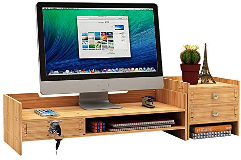 SanBouSi Support de moniteur en bois avec 3 tiroirs avec serrure, rehausseur d'écran - Support de bureau - Angle rotatif à 180°