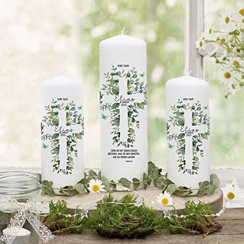 ilka parey wandtattoo-welt Taufkerze Patenkerze Gastkerze Lichthülle Blätter Kreuz Wunschname Spruch individualisierbarwk242 - ausgewählte Größe: *4. 1x Taufkerze + 2X Patenkerzen*