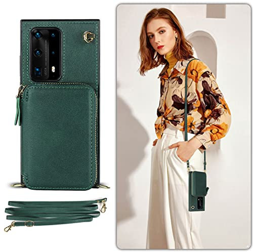SINQERISHT Handykette Hülle für Huawei P30 Pro Wallet Handyhülle PU Leder mit Reißverschluss Kartenfach Ständer Handytasche TPU Bumper Case mit Kordel Kette Schutzhülle Cover(Grün)