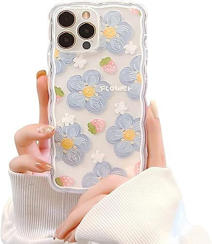 EYZUTAK Flower Case for iPhone 15 Pro Max, Cute Blue Flower Strawberry Pattern Curly Wave Frame Shape Lace Design Phone Case Clear Slim Soft Shockproof Protective TPU Cover for Women Girls - Blue
