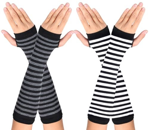 WLLHYF 2 Paar Kaschmir-Feel-Handgelenk-Fingerlose Handschuhe mit Daumenloch Winter-Strick Armstulpen Fäustlinge für Damen und Herren (Schwarz-weiße Streifen + schwarze und graue Streifen)