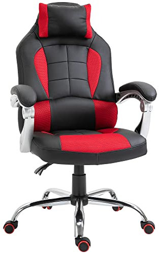 HOMCOM Sedia da Gaming Ergonomica, Sedia da Gioco e Ufficio Reclinabile con Supporto Lombare e Poggiatesta, Poltrona Gaming in Pelle PU, Rosso e Nero