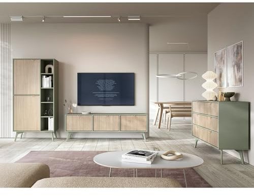 Lomadox Wohnmöbel Set Wohnwand grün, Front mit Fischgrätenmuster, 3-teilig, 1 Lowboard, 1 Regal, 1 Kommode