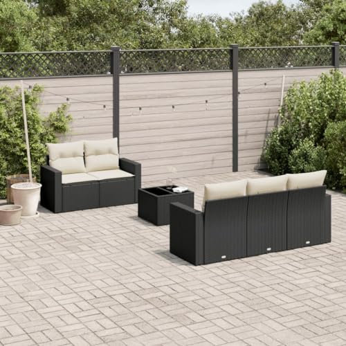 ULUYYUC 6-TLG. Garten-Sofagarnitur, Eckbankgruppe Stehtisch Gartenmöbel Set Balkonmöbel Geeignet für Hinterhof Garten Außenbereich Balkon mit Kissen Schwarz Poly Rattan